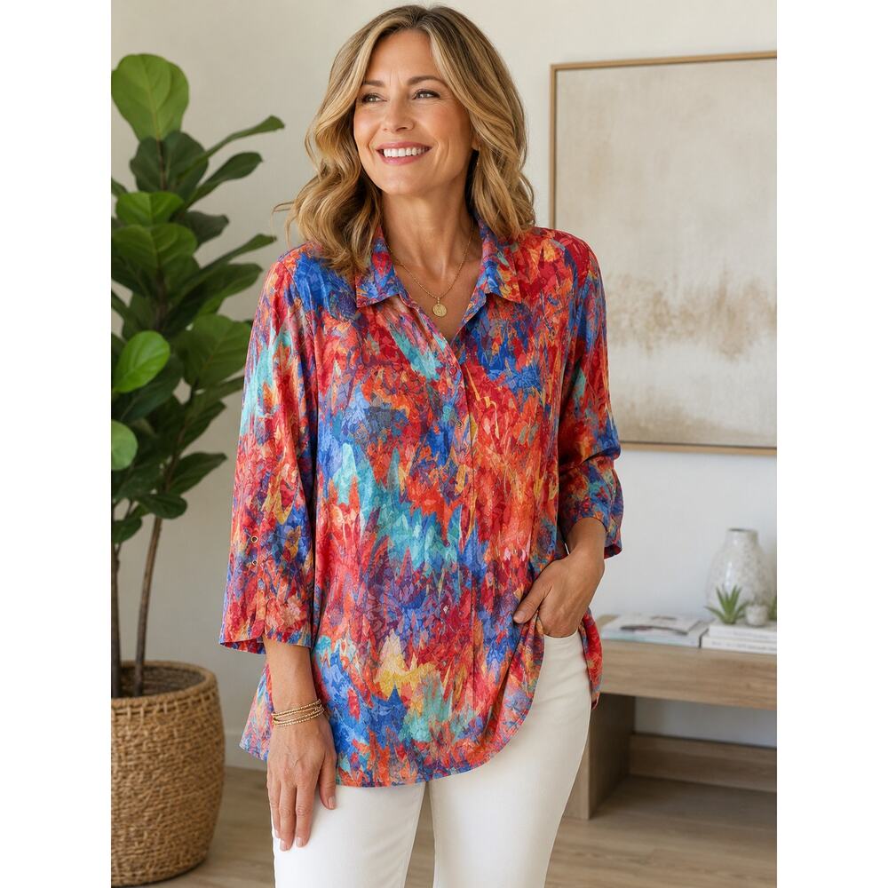 Ali Miles Large Colorful Abstract Tunic Blouse Button Front 3/4 Sleeve Top